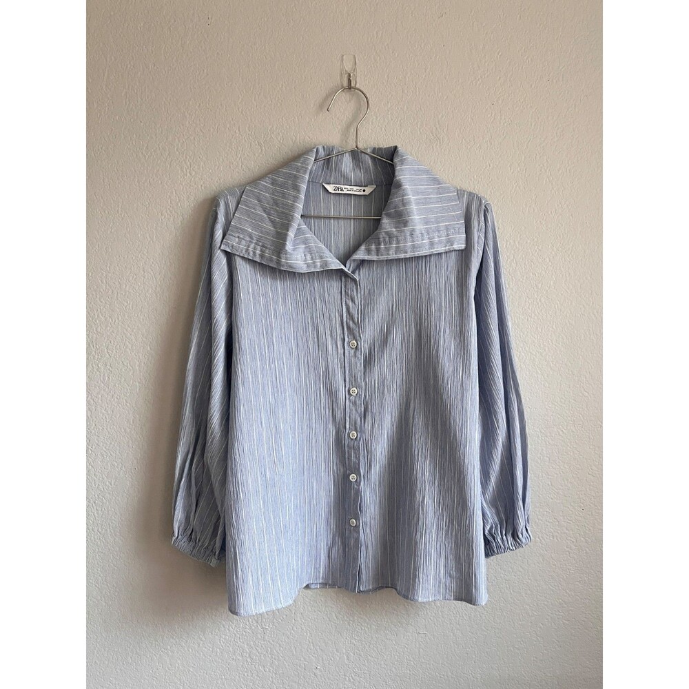 Zara Women's Stripe Oversized Collar Button Down in Blue/White Size LARGE